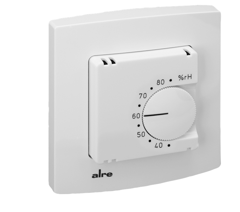 Alre FHY 101.060#21 Room hygrostat, flush-mounted, 24V AC to 230V AC, 35…85% rH, two-way contact, alre frame, cover 50x50mm, pure white, gloss Turkiye